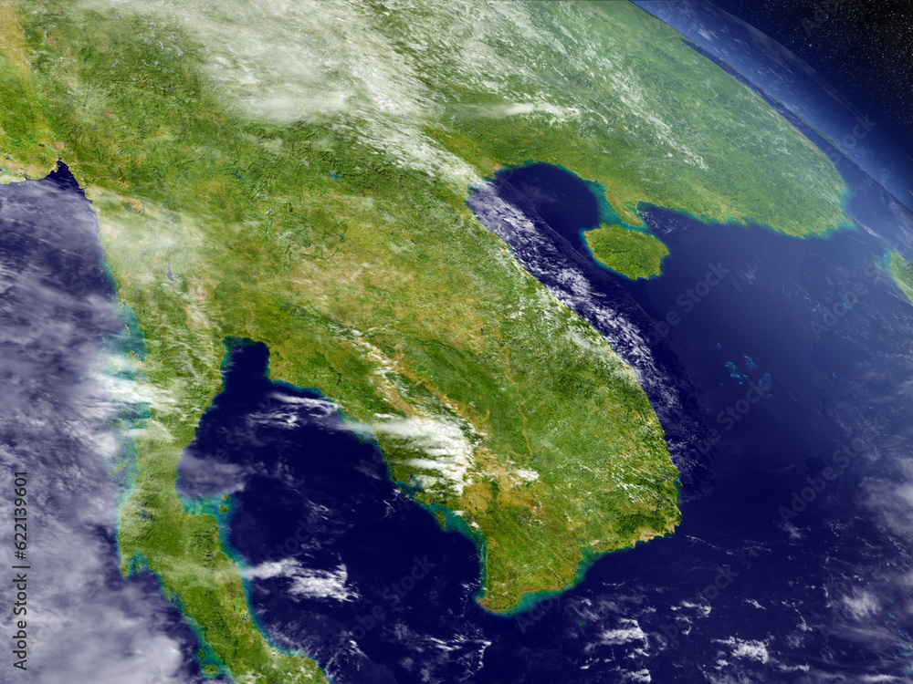 Poster laos and cambodia with surrounding region as seen from earth's orbit in space. 3d illustration with 
