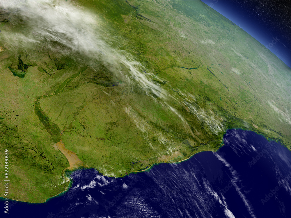 Poster uruguay with surrounding region as seen from earth's orbit in space. 3d illustration with highly det