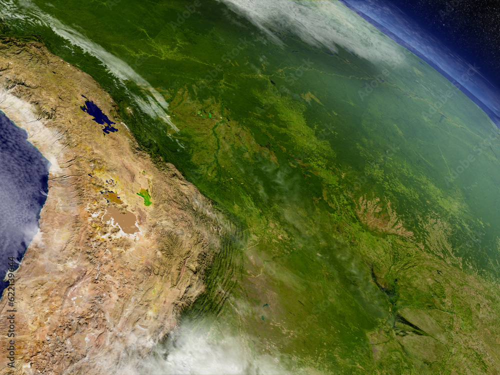 Poster bolivia with surrounding region as seen from earth's orbit in space. 3d illustration with highly det