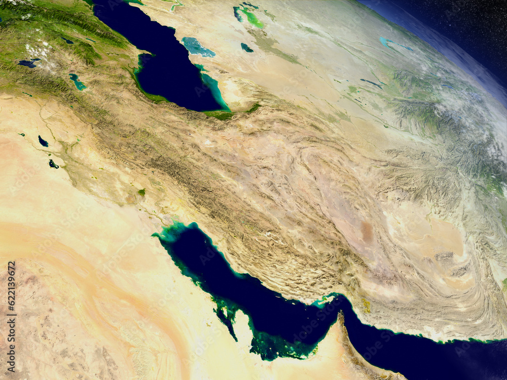 Poster iran with surrounding region as seen from earth's orbit in space. 3d illustration with highly detail