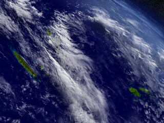 New Caledonia, Fiji and Vanuatu with surrounding region as seen from Earth's orbit in space. 3D illustration with detailed planet surface and clouds. Elements of this image furnished by NASA.