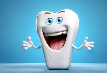 funny cartoon 3D tooth on a blue background