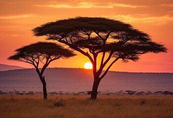 Sunrise in the Maasai Mara, Kenya with the silhouette of a tree - obrazy, fototapety, plakaty