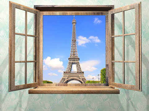 Opened wooden window and view on Eiffel tower, Paris. 3d render