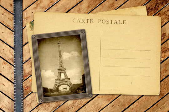 Vintage photo and post card on wooden planks