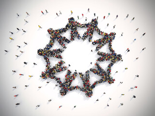 3D Rendering crowd of people that form the symbol of solidarity in the world