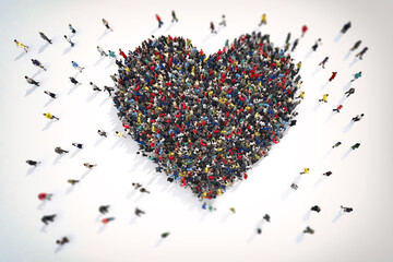 3D Rendering crowd of people that form the heart symbol of love - obrazy, fototapety, plakaty