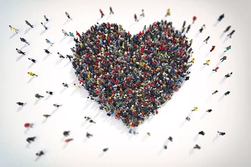 Poster 3D Rendering crowd of people that form the heart symbol of love © Designpics