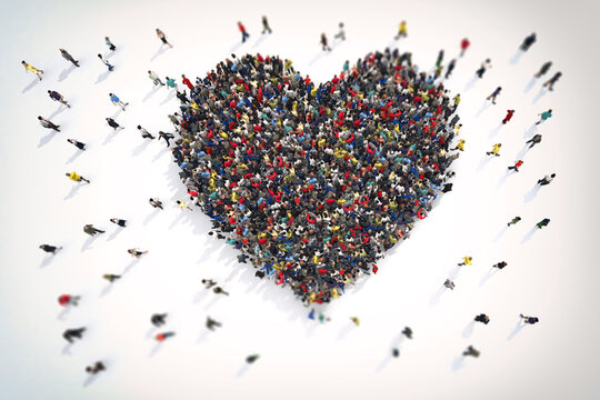 3D Rendering crowd of people that form the heart symbol of love