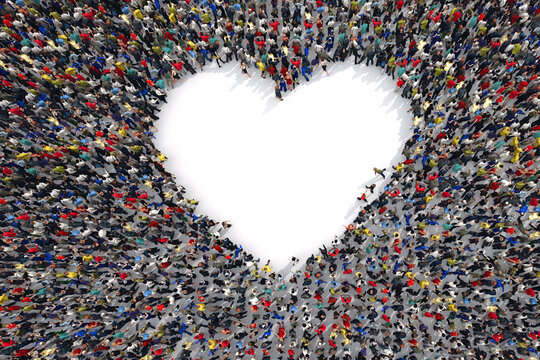 3D Rendering crowd of people that form the heart symbol of love