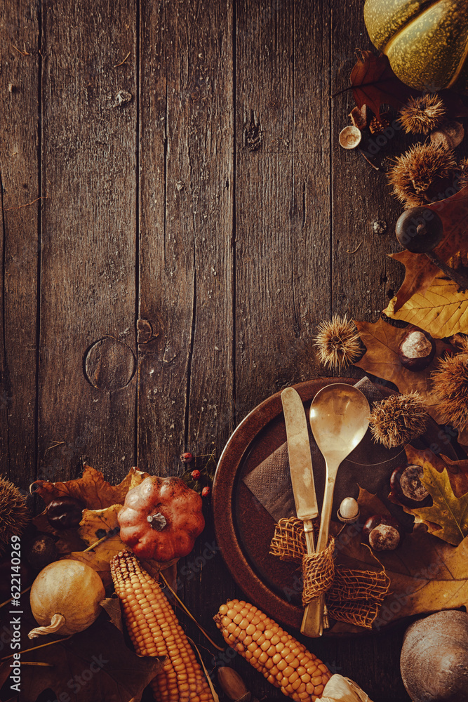 Canvas Prints thanksgiving dinner. autumn fruit with plate and cutlery. thanksgiving autumn background