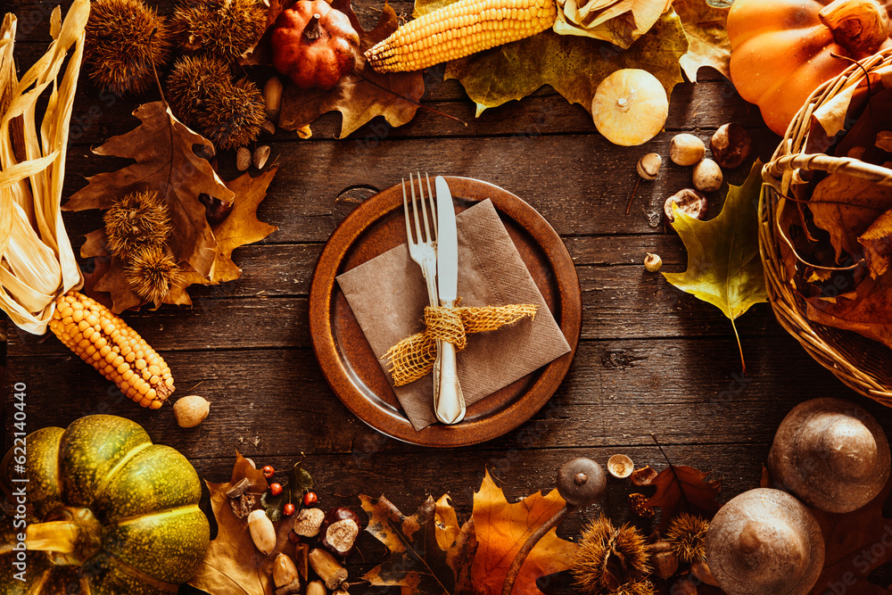 Canvas Prints thanksgiving dinner. autumn fruit with plate and cutlery. thanksgiving autumn background