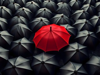 Kontraste der Farben: Ein roter Schirm zwischen dem Schwarzen