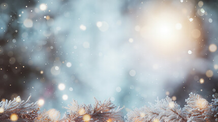 Frosty Festivities Christmas Winter Blurred Background with Snow-Decorated Xmas Tree and Garland Lights - Holiday Festive Widescreen Backdrop. created with Generative AI