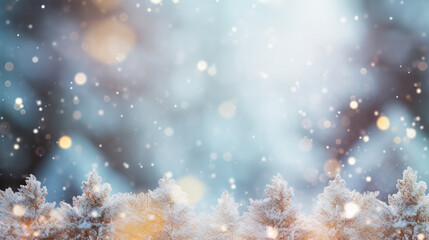 Fototapeta na wymiar Frosty Festivities Christmas Winter Blurred Background with Snow-Decorated Xmas Tree and Garland Lights - Holiday Festive Widescreen Backdrop. created with Generative AI
