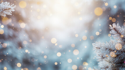 Obraz na płótnie Canvas Frosty Festivities Christmas Winter Blurred Background with Snow-Decorated Xmas Tree and Garland Lights - Holiday Festive Widescreen Backdrop. created with Generative AI