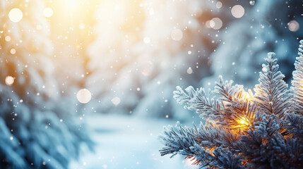 Fototapeta premium Frosty Festivities Christmas Winter Blurred Background with Snow-Decorated Xmas Tree and Garland Lights - Holiday Festive Widescreen Backdrop. created with Generative AI
