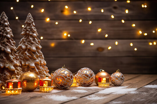 Rustic Elegance Christmas Decoration on Wooden Background, Evoking Warm Holiday Charm. created with Generative AI