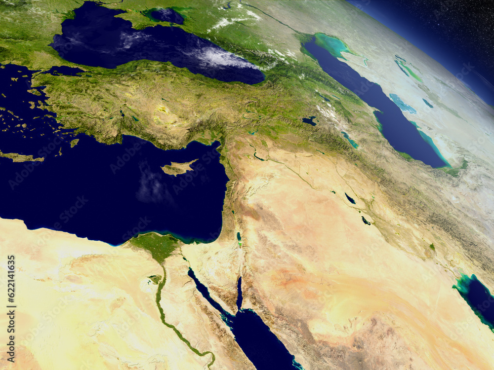 Aufkleber middle east with surrounding region as seen from earth's orbit in space. 3d illustration with highly
