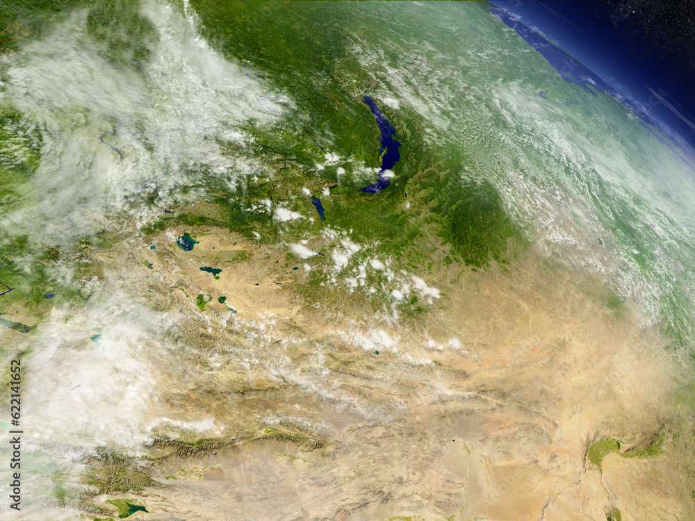 Poster mongolia with surrounding region as seen from earth's orbit in space. 3d illustration with highly de