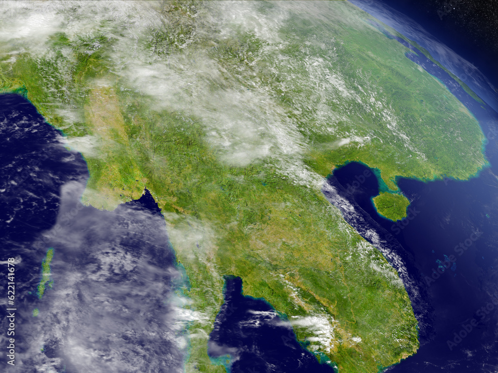 Poster myanmar with surrounding region as seen from earth's orbit in space. 3d illustration with highly det