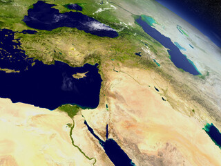 Middle East with surrounding region as seen from Earth's orbit in space. 3D illustration with highly detailed planet surface and clouds in the atmosphere. Elements of this image furnished by NASA.