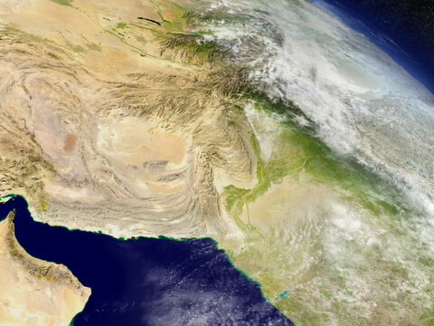 Afghanistan and Pakistan with surrounding region as seen from Earth's orbit in space. 3D illustration with detailed planet surface and clouds. Elements of this image furnished by NASA.
