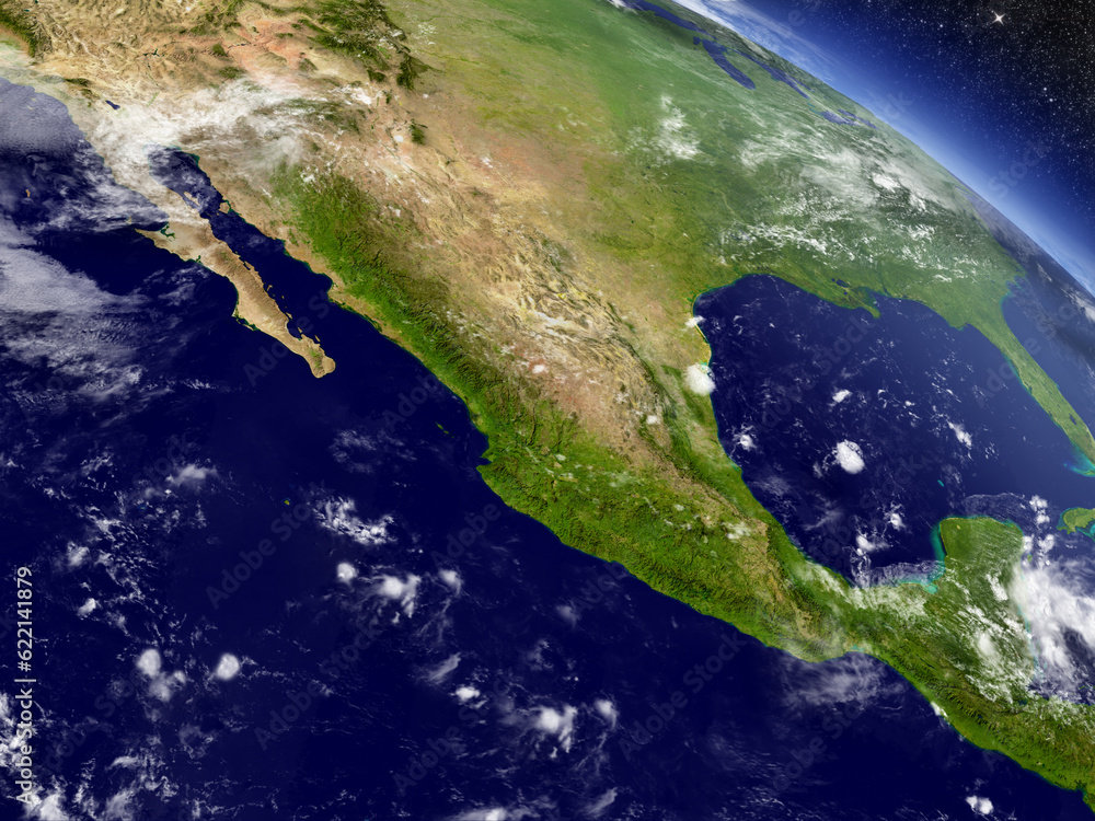 Aufkleber mexico with surrounding region as seen from earth's orbit in space. 3d illustration with highly deta
