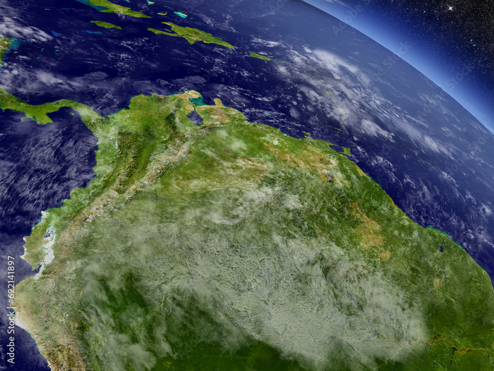 Poster colombia and venezuela with surrounding region as seen from earth's orbit in space. 3d illustration 