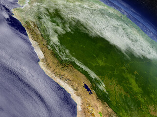 Peru with surrounding region as seen from Earth's orbit in space. 3D illustration with highly detailed realistic planet surface and clouds in the atmosphere. Elements of this image furnished by NASA. - obrazy, fototapety, plakaty