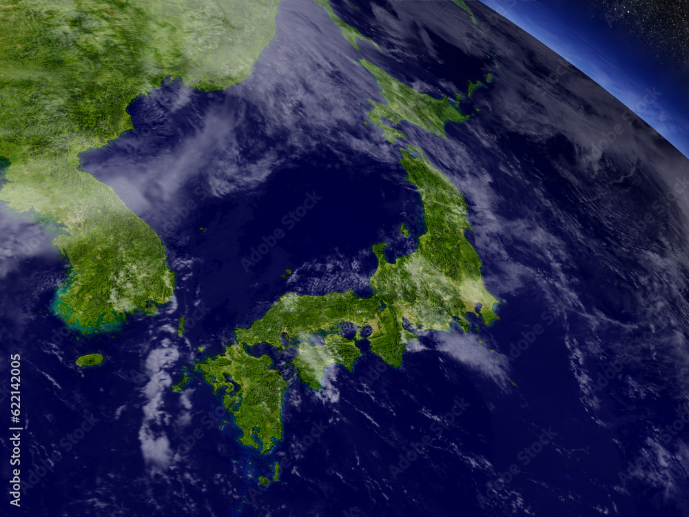 Aufkleber japan with surrounding region as seen from earth's orbit in space. 3d illustration with highly detai