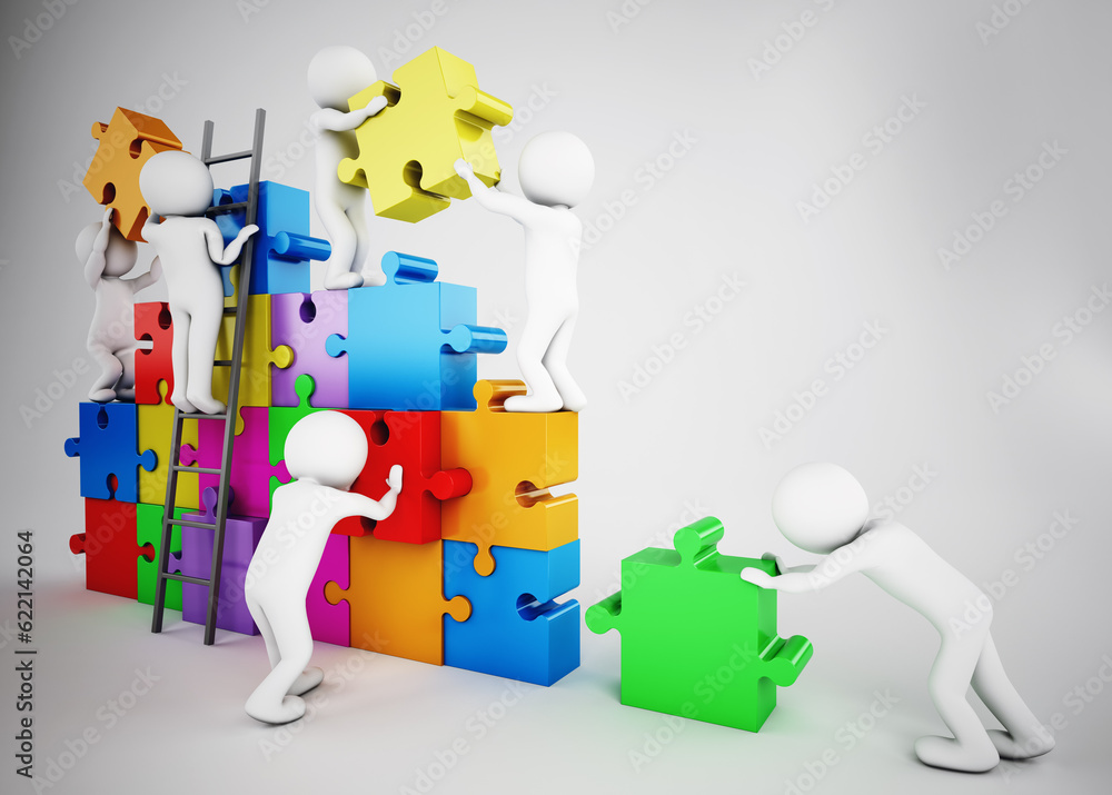 Aufkleber white people build a company with puzzle. concept of parthership and teamwork. 3d rendering