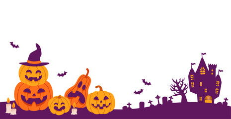 Halloween background, pumpkin and castle silhouette, transparent background