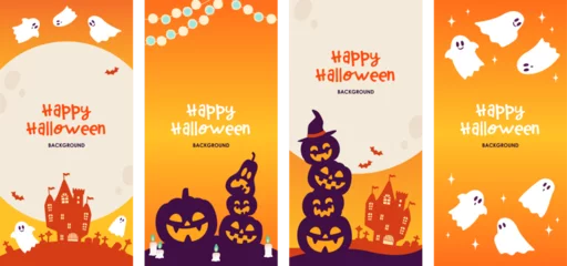 Wandcirkels aluminium Halloween design banner set, full moon and pumpkin, orange color © ちぬまる