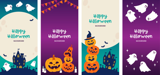 Fototapeta na wymiar Halloween design banner set, full moon and pumpkin, turquoise and purple background