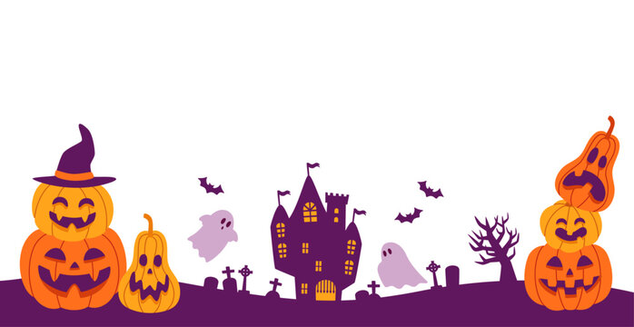 Halloween background, pumpkin and castle silhouette, transparent background