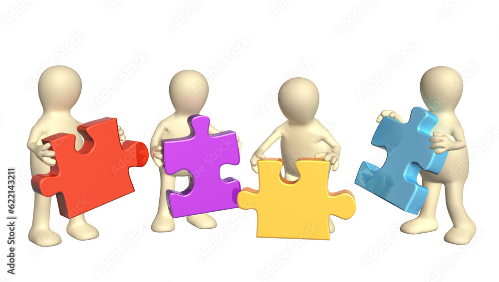 Poster success of teamwork. four puppets with multi-colored puzzles. isolated on white background. 3d rende