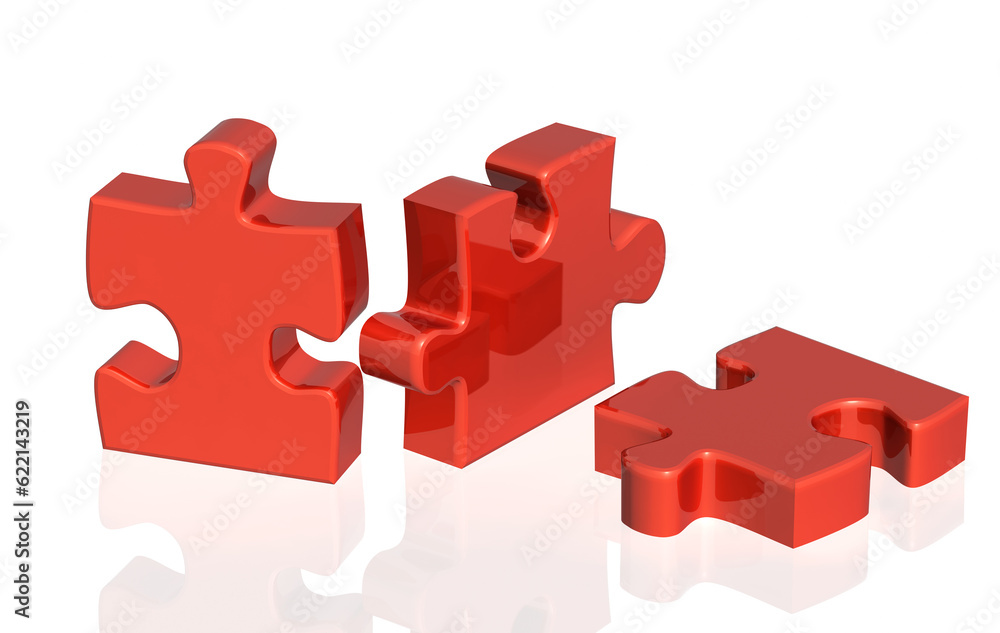 Poster three parts of a puzzle of red color. objects on glossy white background. 3d render