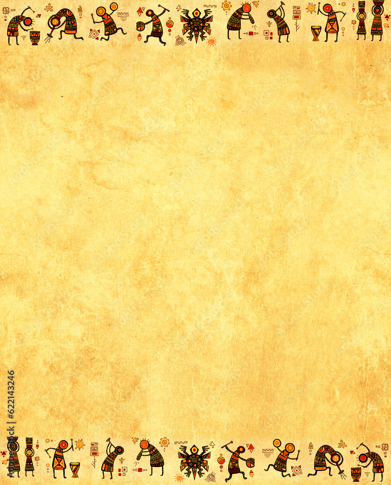 Poster grunge background with african ethnic patterns and paper texture of yellow color