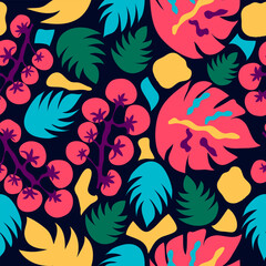Monstera leaves, pink tomatoes, leaves, exotic colors seamless vector repeat pattern. Abstract vegetables, tropical plants seamless vector repeat pattern.