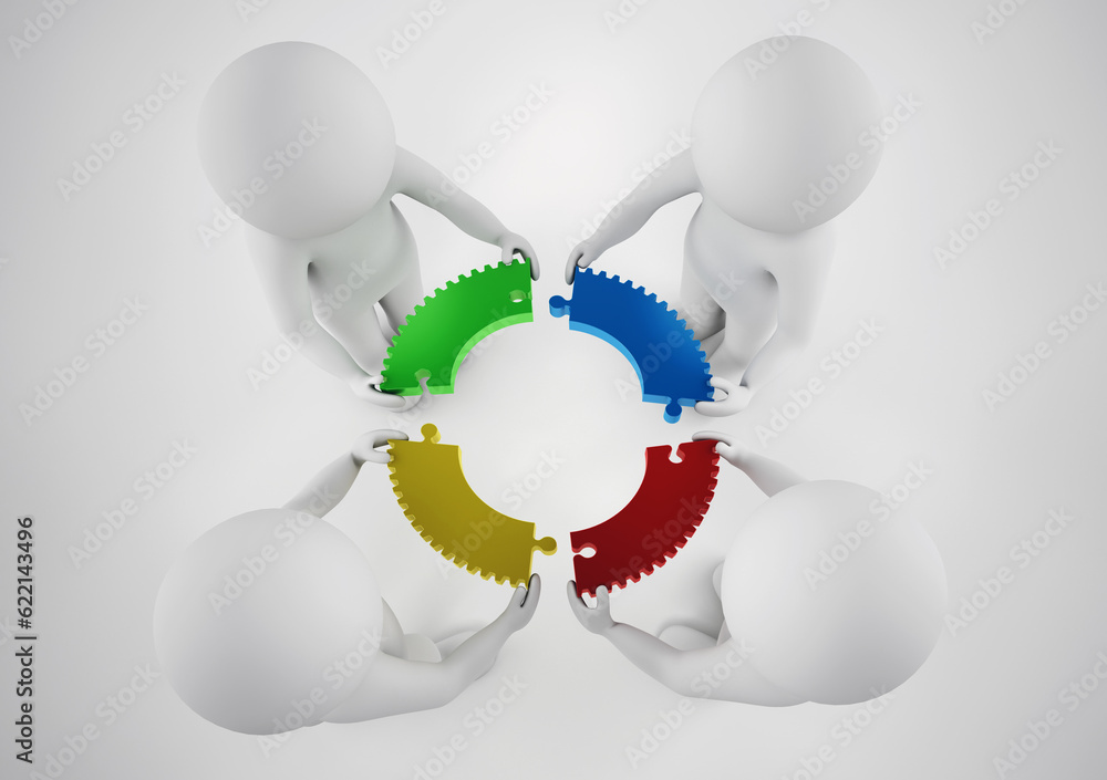 Poster white businesspeople build a company with puzzle. concept of parthership and teamwork. 3d rendering.