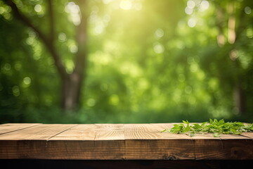 Fototapeta na wymiar wooden board with green nature background