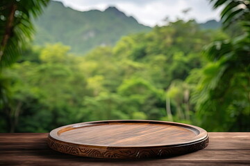 Obraz premium wooden plate on the table with rain forest background