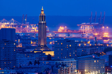 Panorama of Le Havre at night. Le Havre, Normandy, France