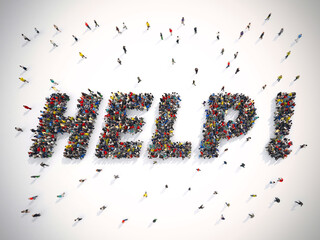 3D Rendering crowd of people united forming the word help