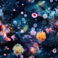 Fototapeta na wymiar Seamless pattern texture Underwater world with fluorescent orange jellyfish and algae on the seabed. AI Generation 