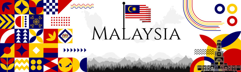 Malaysia Independence Day abstract banner design with flag and map. Flag color theme geometric pattern retro modern Illustration design. Red, Blue and Yellow flag color template.