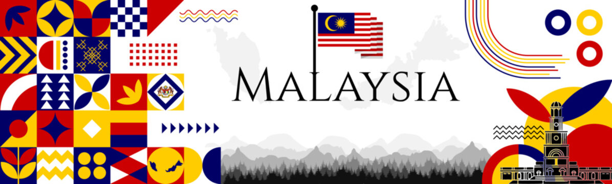 Malaysia Independence Day abstract banner design with flag and map. Flag color theme geometric pattern retro modern Illustration design. Red, Blue and Yellow flag color template.