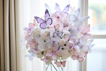 Generative AI. wedding trend. bouquet of butterflies and flowers in white and blue colors in vase near window 