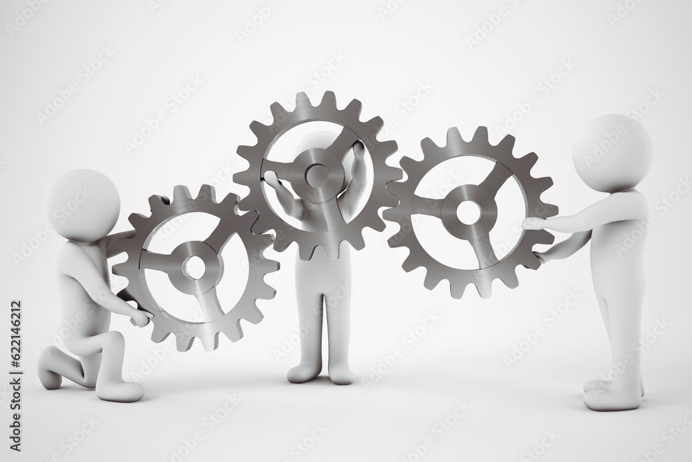 Poster little with men work together to build a gear mechanism . 3d rendering